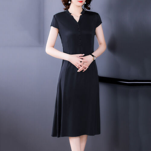 Lady Midi Dresses Faux Silk Satin Button V-neck Solid Fit Workwear Banquet Dress - Picture 1 of 15
