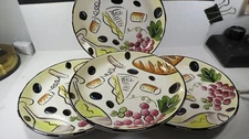 Buon Vino by Clay Art SET 4 SNACK PLATES 8.1/4" Grapes Cheese Bread Black Trim