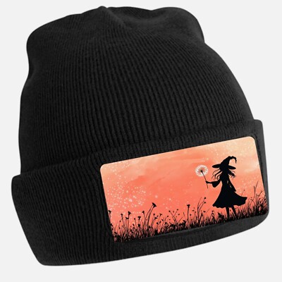 Black Cool Witch Print Beanie Hat - Unisex Cap, Cotton