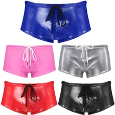 Mens Metallic Shiny Boxer Shorts Low Rise Patent Leather Short Panties Briefs