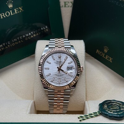 Rolex Datejust 41 Silver Motif Index Two Tone Rose Gold Fluted Jubilee Bracelet