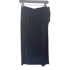 Chicos Travelers Black Wrap Midi Skirt Size 1 Medium Stretch Side Tie Capsule