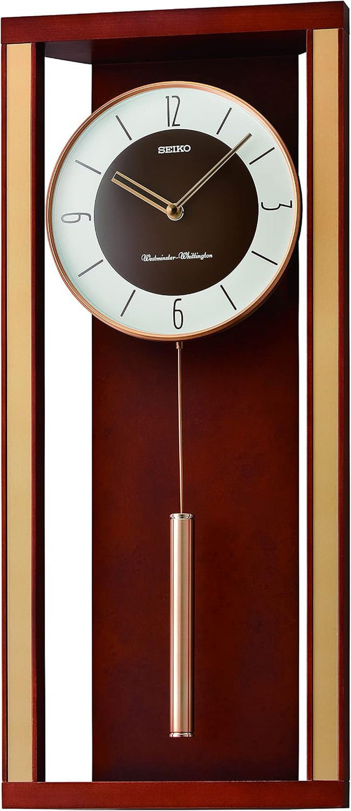 SEIKO Modern Deco Wall Clock with Pendulum and Dual Chimes