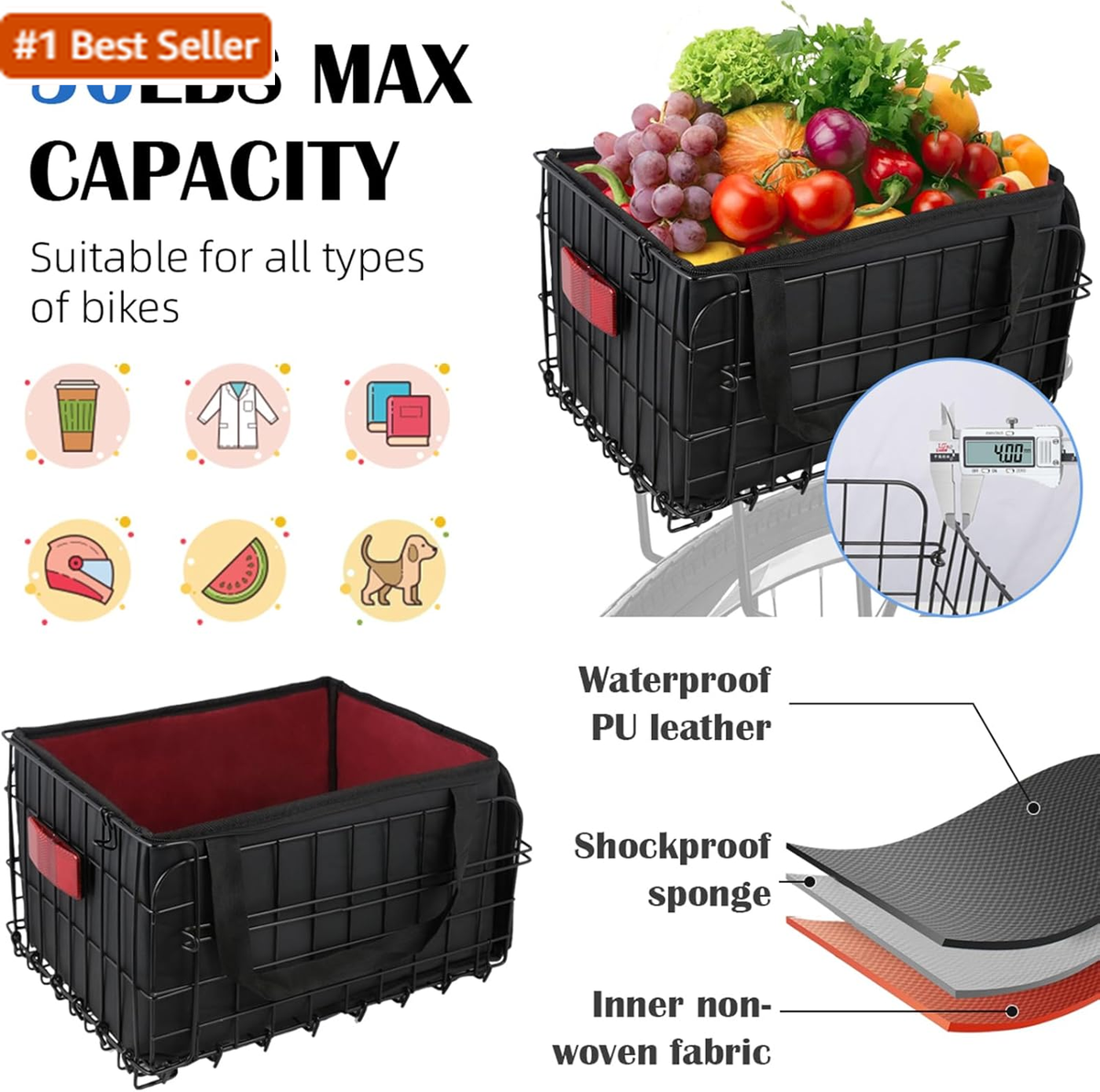 Bike Basket Rear, Folding Bicycle Basket with Removable Waterproof