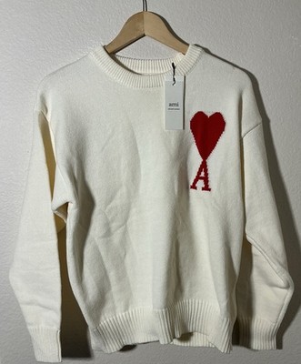 AMI Paris Ami de Coeur RED AMI Big Heart Heavy Weight Sweater Knit White Size S