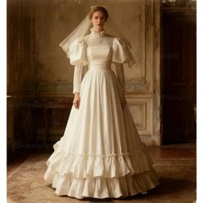 Vintage Victorian Wedding Dresses Puff Sleeves Ruffle Lace A-Line Satin Gowns