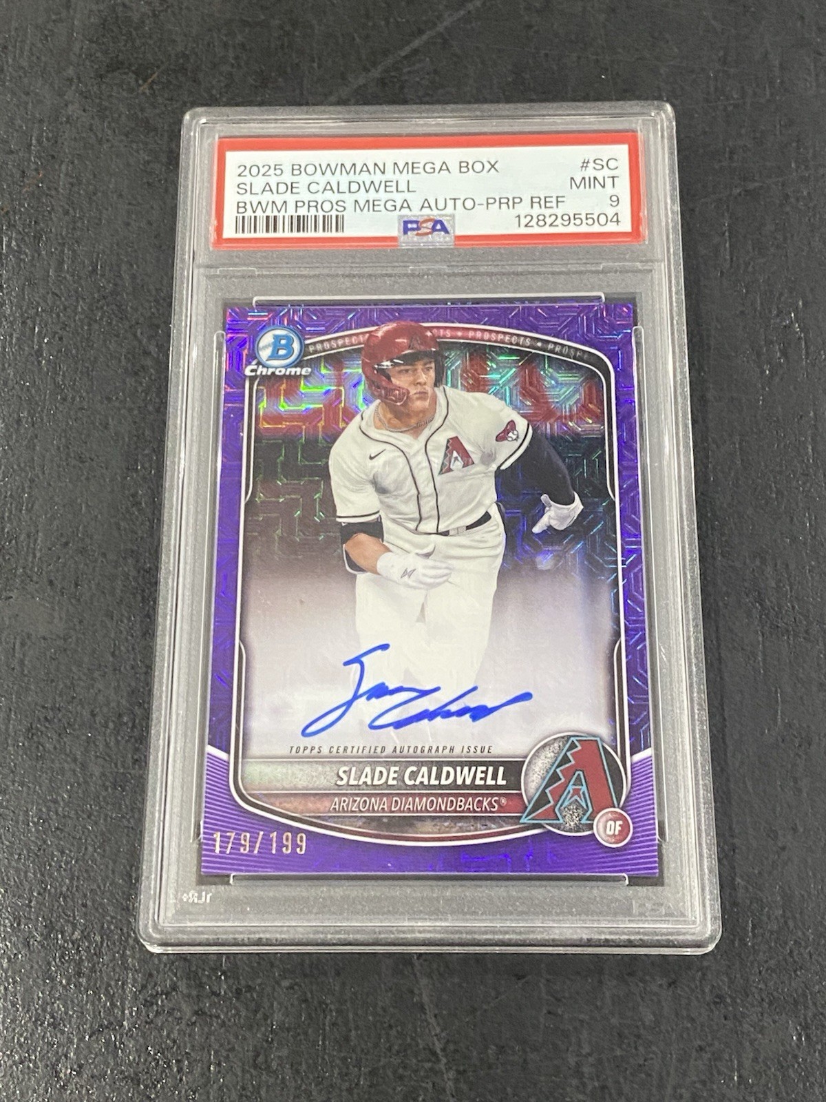 2025 Bowman Chrome SLADE CALDWELL Purple Auto /199 Mega Box Refractor PSA 9
