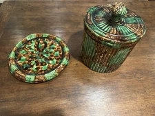 VOTIV Majolica Cheese Dome/Keepers Set w/Plate (Green Brown Drip Glaze Acorn)
