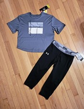 NEW Under Armour Youth Big Girl T-shirt  Capri Legging Set, Gry/Black YL - 14 
