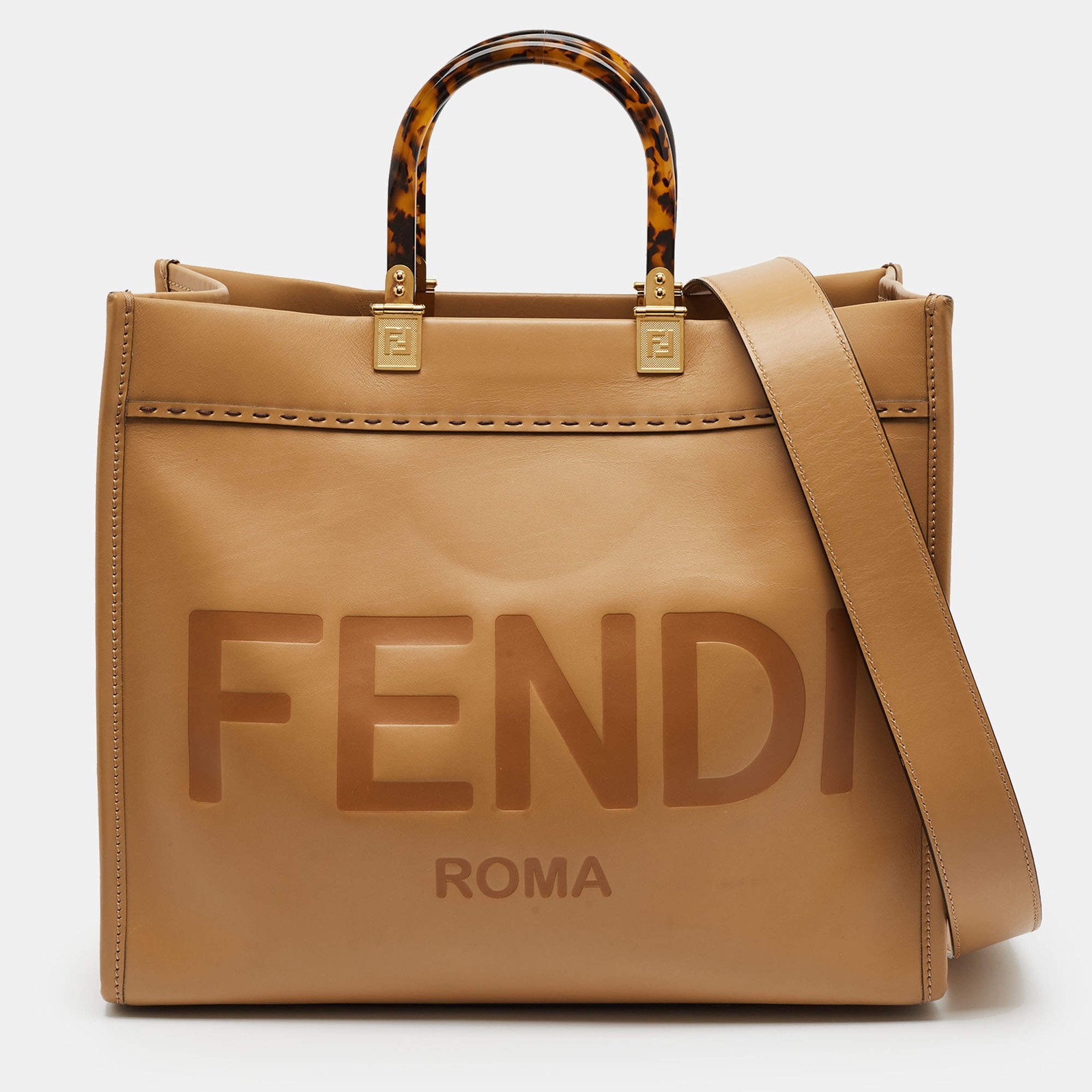 Fendi Sunshine Medium Tan Leather Shopper Tote