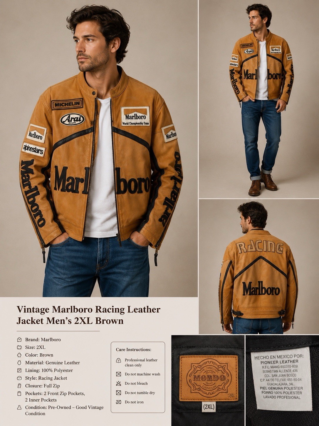 Vintage Marlboro Racing Leather Jacket Men’s 2XL Tan Moto Biker Genuine Leather