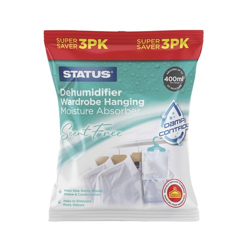3x Status Hanging Dehumidifier Wardrobe Moisture Absorber Bags Damp Mould 400ml