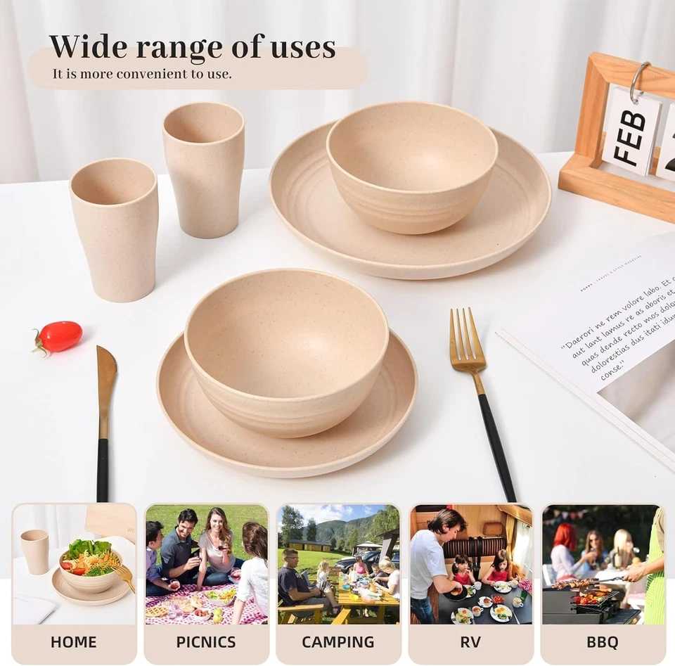 24 - Piece Wheat Straw Dinnerware Set - Plates and Bowls for 6, Unbreakable, Dis - Image 4 of 4