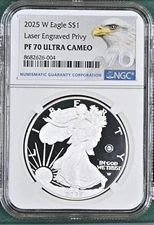 2025 W $1 American Silver Eagle Proof Laser Beam Privy NGC PF70 Ultra Cameo