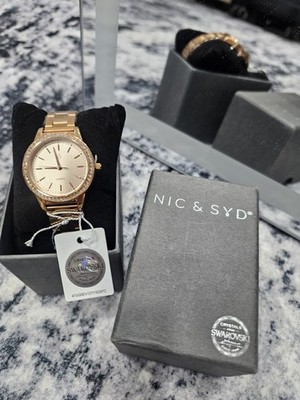 NIC & SYD Women's Quartz Gold-Tone Bracelet Watch Swarovski Crystal Bezel Box