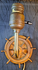 1970s Nautical Ship Wheel Wall Lamp Brass Wood Maritime Vintage