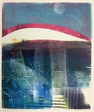 Cool Evening Under The Moon Monoprint Original Signed Impressionistic Landscape