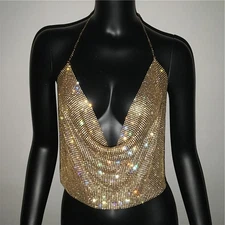 Women Sparkly Sexy Backless Crop Top Sleeveless Halter Metal Chain Club Party 