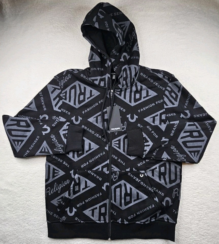 True Religion Diamond Logo Full Zip Sweatshirt Hoodie Size M Black 