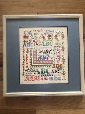 VTG Cross Stitch Alphabet Sampler Frame Matted 12x12 ABC s Floral Cottage Farm