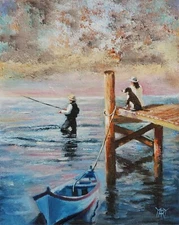 YARY DLUHOS Fishing Angler Lake Fisherman Summer Sunset Original Oil Painting
