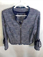 Tyler Boe Tweed Womens Fringe Jacket Sz Med Blue Purple Zip Front Pockets NWOT