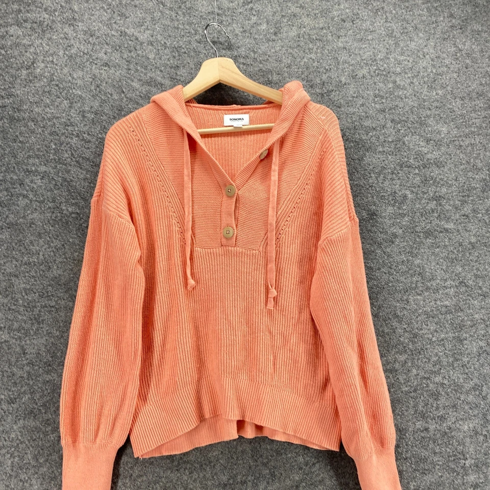 Sonoma Hoodie Women M Medium Pink Hooded V-Neck Button Long Sleeve Cotton Casual - Image 3 of 4