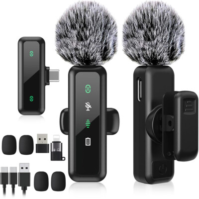 Wireless Microphone Mini Mic for iPhone/Android Phone, LED Display Lavalier Mic