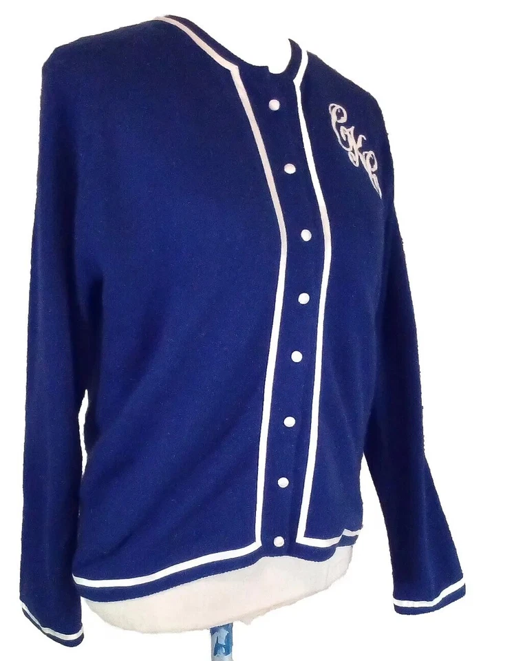 VTG 60s Hong Kong Lambswool Monogram White Satin Trim Light Cardigan Sweater M - Image 4 of 4