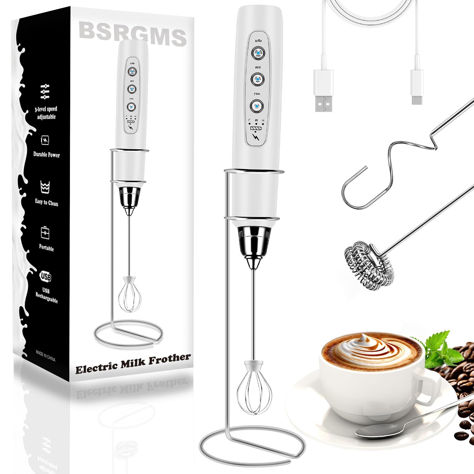 Milk Frother Handheld with Stand, Electric Whisk 3 Speed Adjustable, Drink Mi...