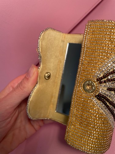 Neiman Marcus beaded evening bag, gold with silver bow matching lipstick case - Picture 14 of 18