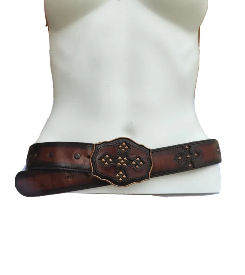 De Colección Justin Cinturón Occidental Cuero Marrón Tachonado Hebilla Cruzada 125 Aniversario S34 Foto 2 de 4
