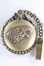 Pocket Watch Quartz Men Stainless Gold Steel Chain 14" Battery White Warewolf