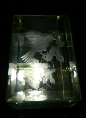 Vintage Etched Bird Lefton Rectangular Beveled Glass Trinket Box Excellent Cond