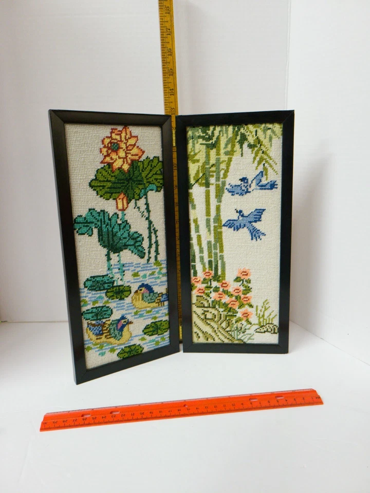 Needlepoint Picture. Birds flowers pond 2 panel picture - Image 3 of 4