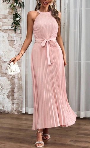 Women's Solid Pale Pink Color Pleated Halter Neck Belted Flowing Maxi Dress Sz S