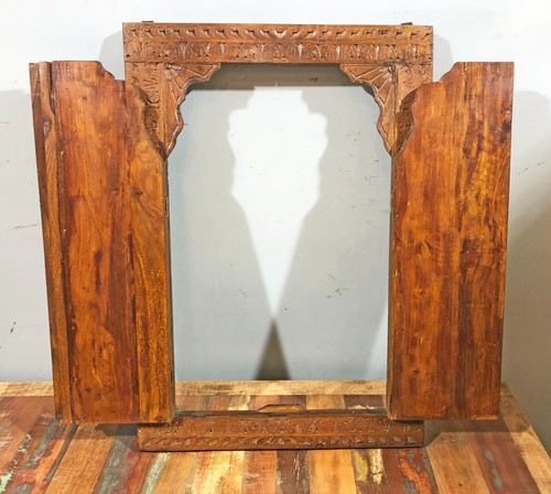 Antique Wooden Large Wall Décor Window Panel Frame Fine Carved Brass Copper Fitt - Picture 8 of 9