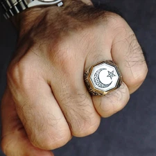 Sterling Silver Crescent Star Solid Engraved Turkish Men's Ring Handmade Jewelry