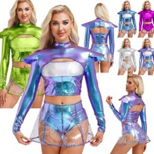 Women Shiny Metallic Alien Costume Long Sleeve Crop Top Transparent Skirt Outfit