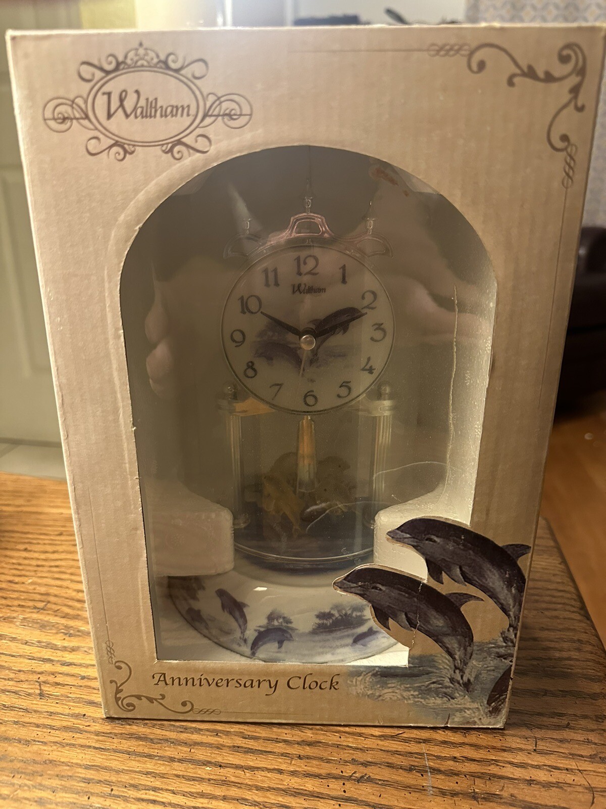Waltham Chiming Anniversary Clock Swimming Dolphins Blue Porcelain 9