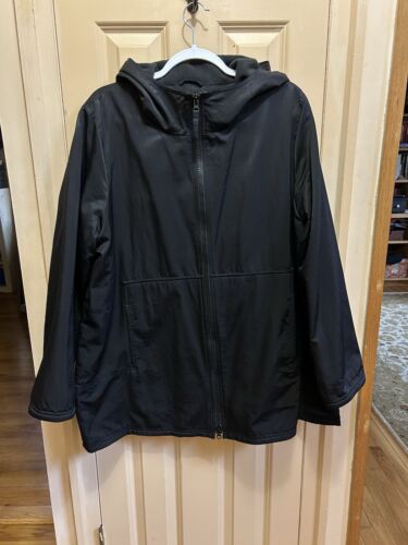 Black Cotton Nylon Fleece Lined Jacket Coat Parka Eileen Fisher XL With Hood