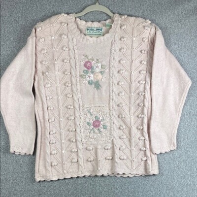 Vintage Emerald Isle sweater womens M pink embellished bobbles floral granny