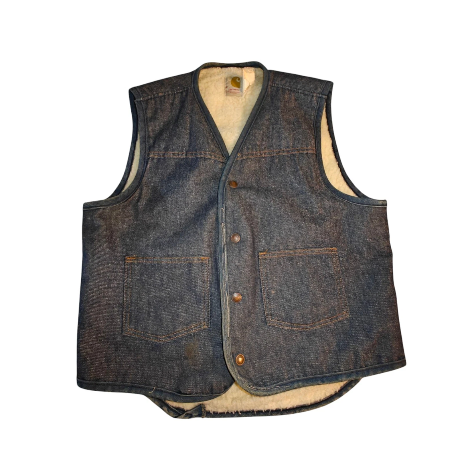 Vintage Carhartt 8SV Union Sherpa Lined Dark Blue Denim Vest Mens Size Medium