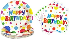 50 Pcs Birthday Colorful Dots Plates Napkins, Disposable Happy Birthday Dots Tab