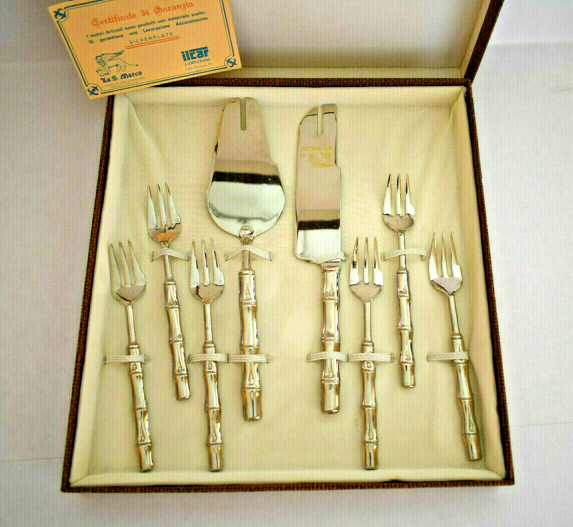 Vintage La S Marco Italy Silver Plate Dessert Serving Set Bamboo Pattern  Piece