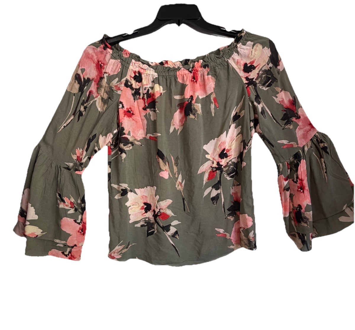 White House Black Market Floral Off-Shoulder Bell Sleeve Blouse Green Pink Sz S