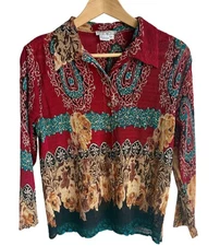 Y2K Alberto Makali Blouse Floral Paisley Crinkle Top Flowing Sequin Detail Sz L