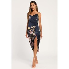 Lulus Remarkable Entrance Navy Blue Floral Print Satin Midi Dress Large NWT