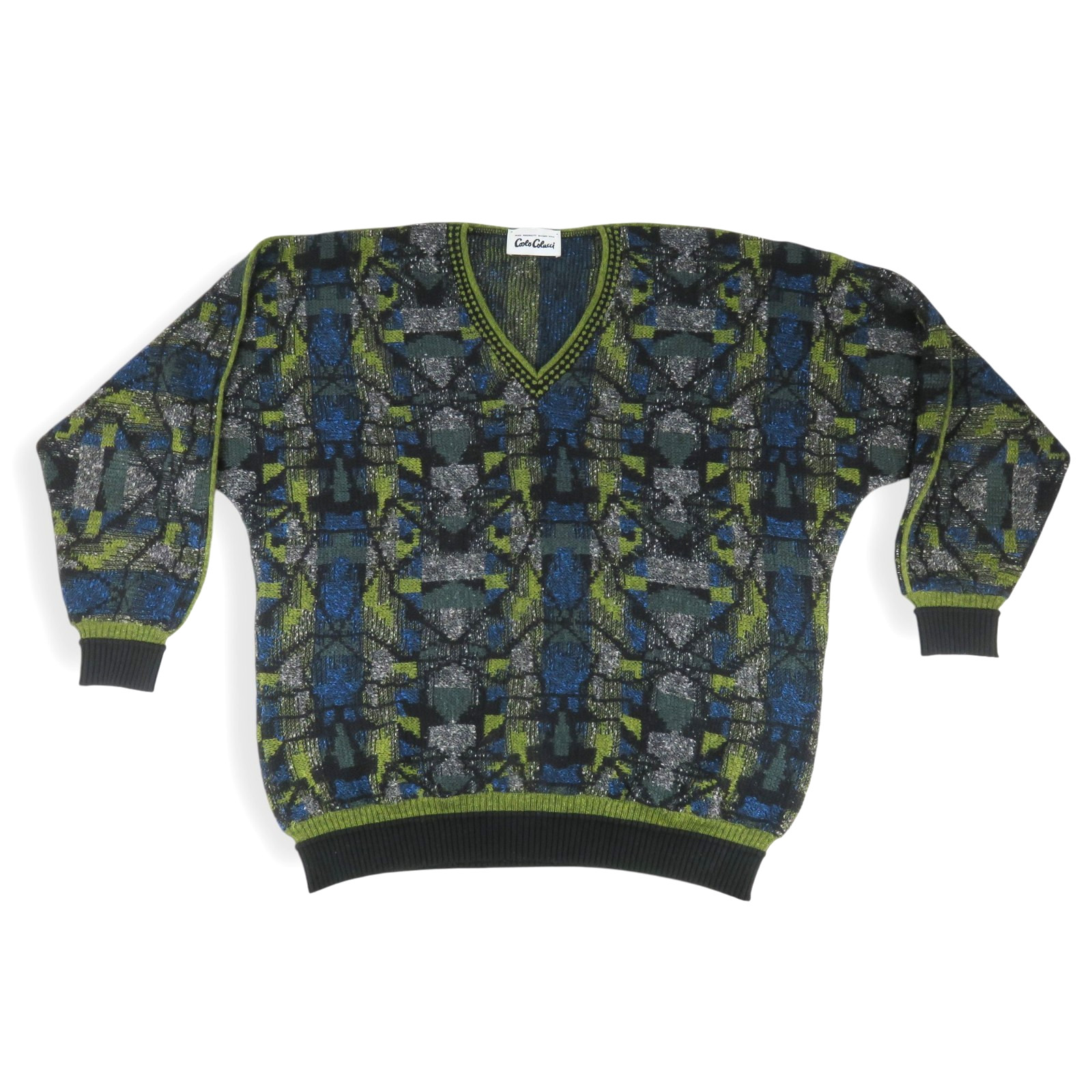 Jersey Carlo Colucci XL sweater V-neck W. Germany knit blue green Vintage