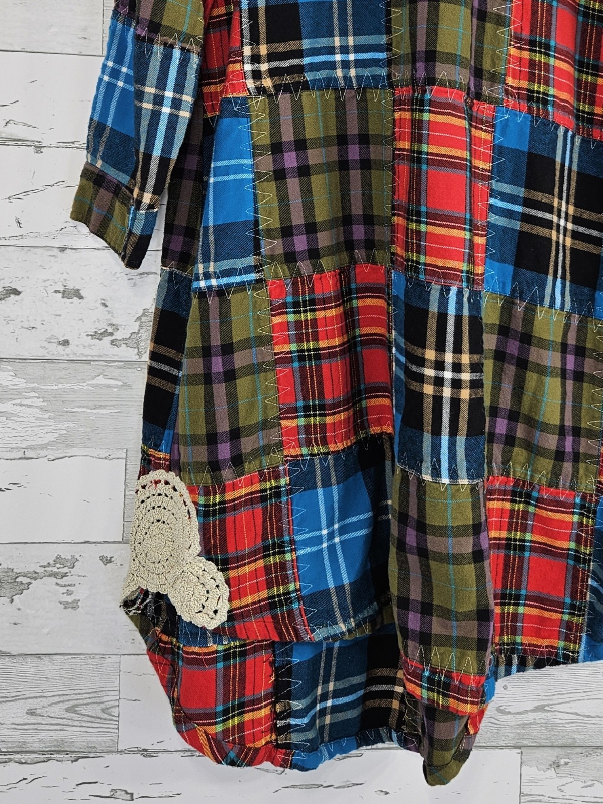 Soft Surroundings Patchwork Plaid Crochet Shirt D… - image 3